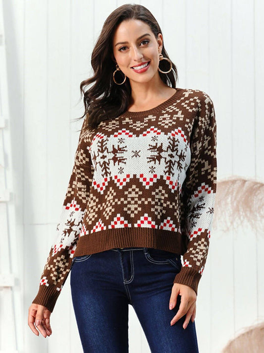 Snowflake Pattern Round Neck Sweater.