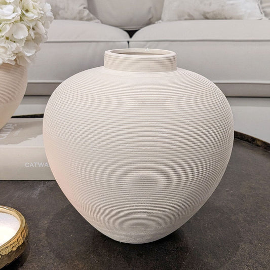 Solis Large Rounded Stone Ceramic Neutral Vase.
