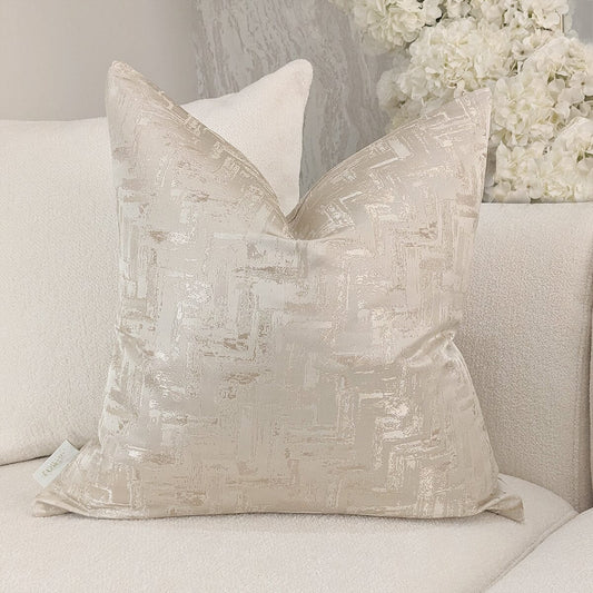 Sorrel Cream & Gold Metallic Abstract Patterned Cushion - 50x50cm.