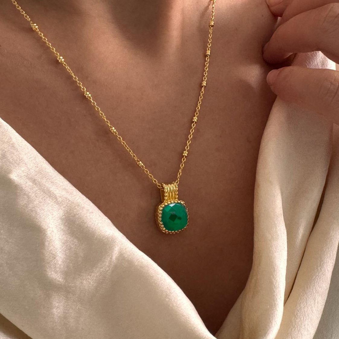 Tetra Square Gemstone Pendant: Green Onyx Azuni London