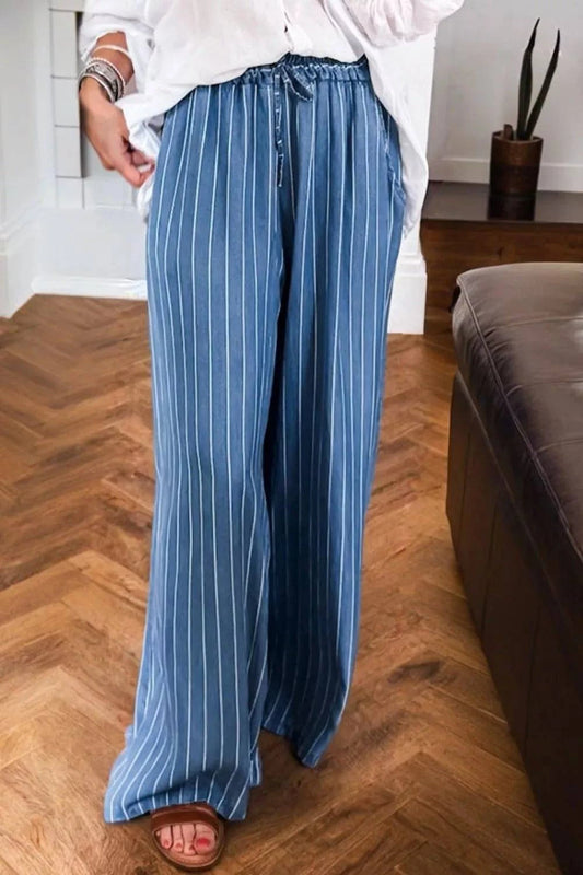 Stripe Chambray Wide Leg Tied Elastic Waist Jeans.