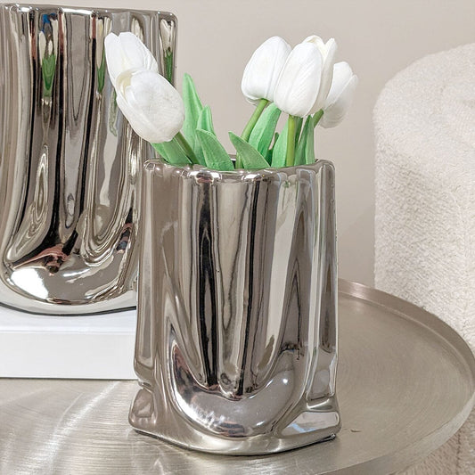Vega Petite Paper Bag Style Silver Ceramic Vase - Rosey's Creations
