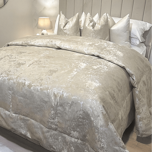Yasmin Gold & Cream Metallic Cloud Print Bedspread.